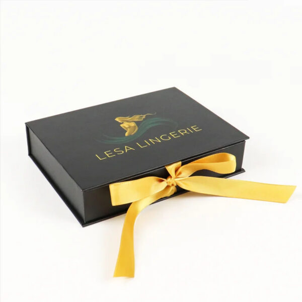 Black Lingerie Gift Box with Satin Lining and Ribbon Tie