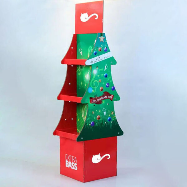 Christmas Tree Corrugated Retail Display Stand with Shelves