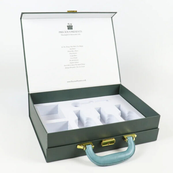 Dark Green Gift Suitcase Box with Handle and Molded Insert