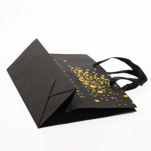 Gold Foil Printed Paper Shopping Bag with Ribbon Handles