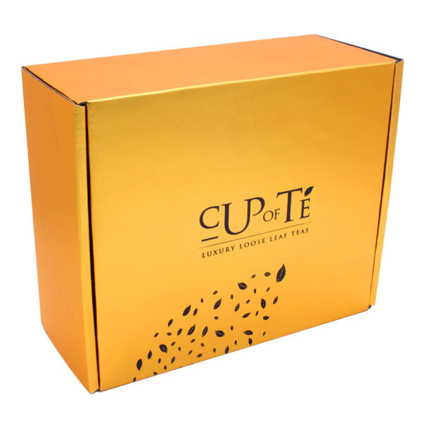 Gold Mailer Tea Gift Box with Black Leaf Printed Interior