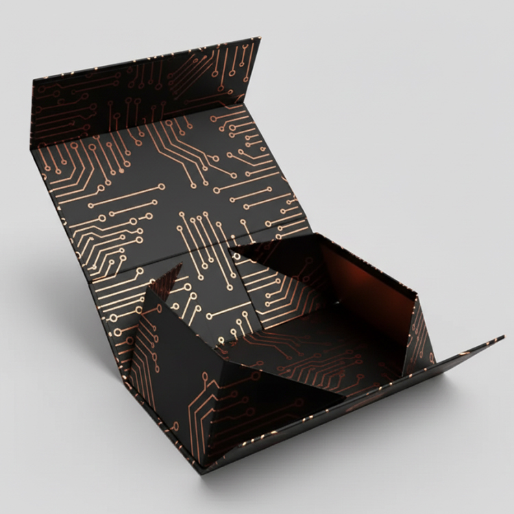 صندوق تغليف إلكترونيات صلب – أسود مع رقائق ذهبية – تصميم بتصميم تقني